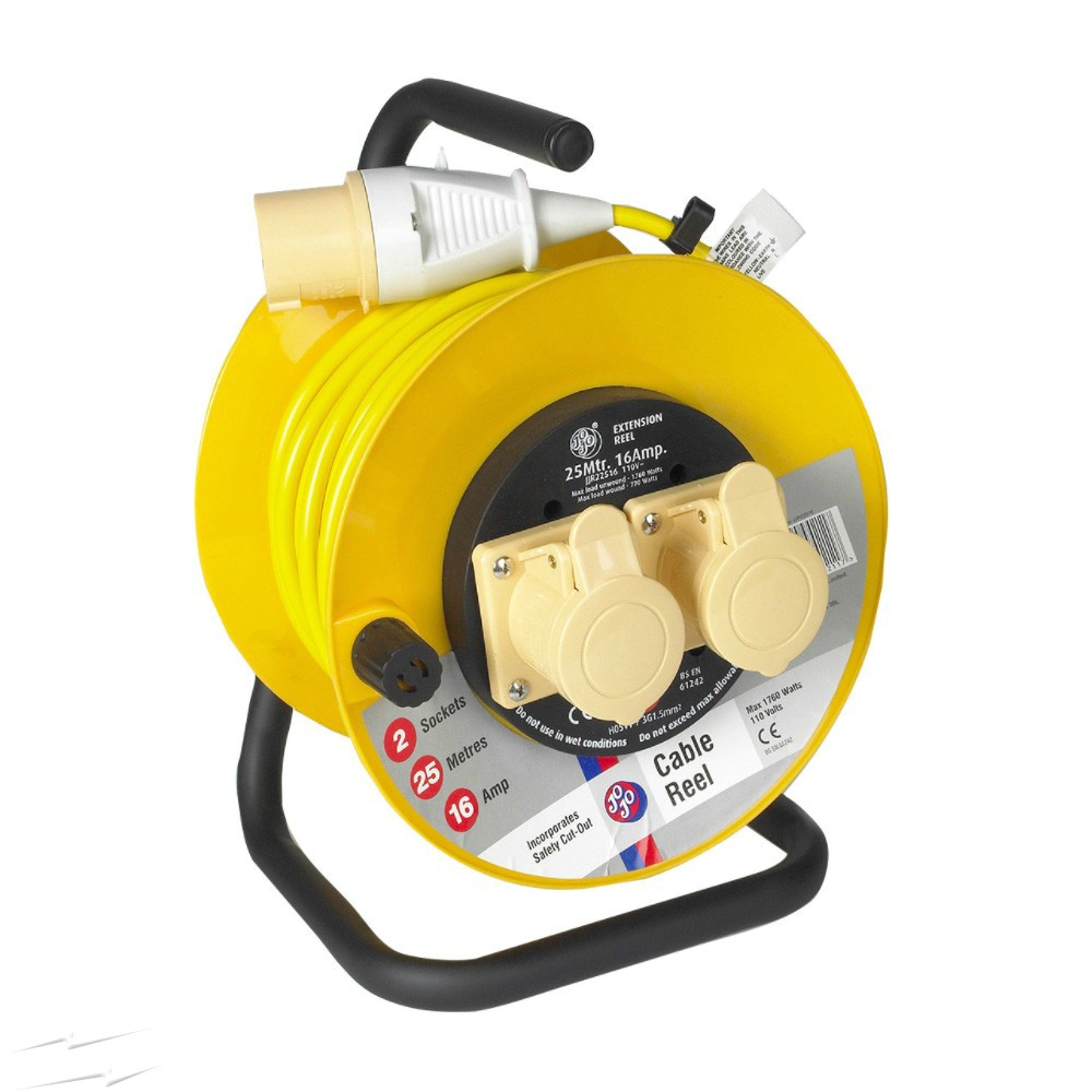 25m extension reel with 110V 16A plug complete with 2 x 16A Socket, Unwound Current Rating 16A, 110V, rated at IP44 for site lighting, in a yellow finish