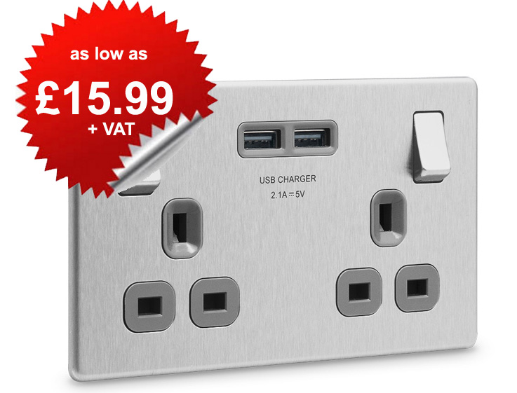 BG Nexus FBS22U Screwless Brushed Steel Flat Plate Twin Socket with 2 x USB Ports - as low as £15.99 + VAT