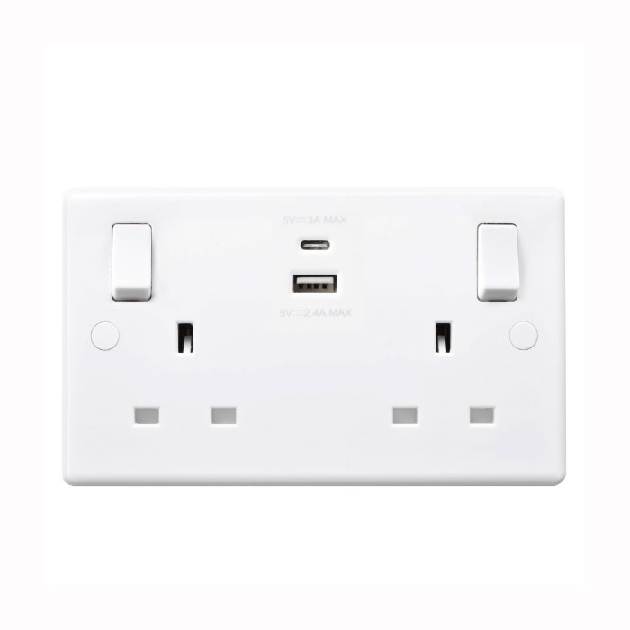 Double Wall Plug Socket 2 Gang 13A w// 2 Charger USB Ports Outlets Flat Plate UK